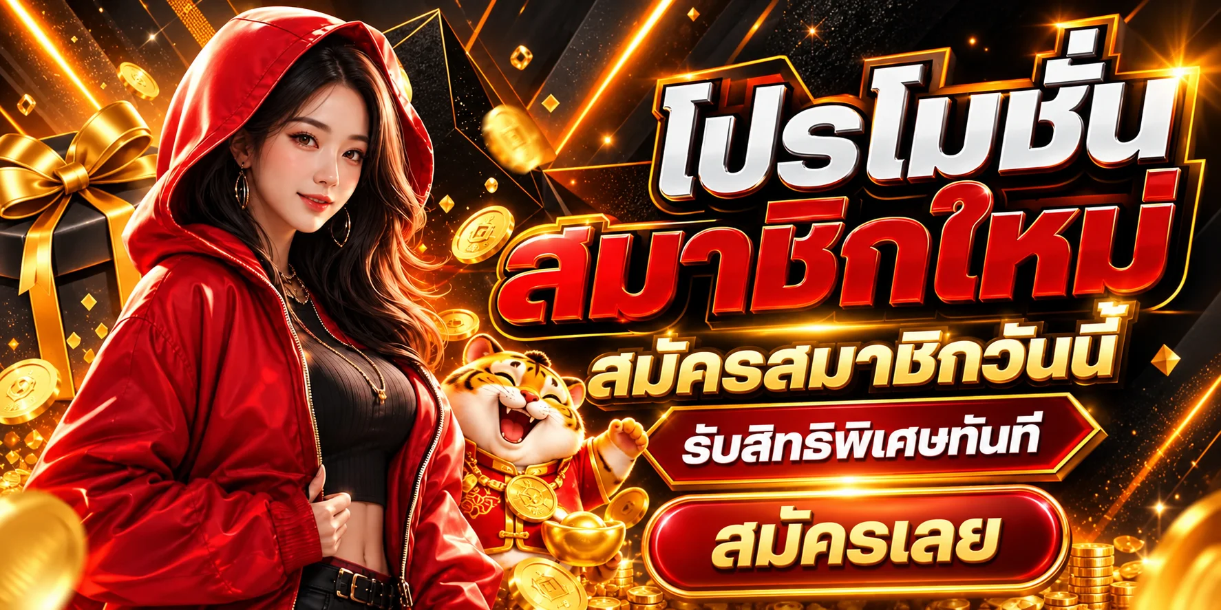 แบนเนอร์สมัครสมาชิก GOATGAME99 พร้อมมาสคอตเสือสีทอง